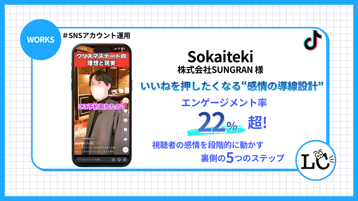 【株式会社SUNGRAN 様】エンゲージメント率22%超！いいねを押したくなる“感情の導線設計” 〜視聴者の感情を段階的に動かす裏側の5つのステップ〜 - SNSマーケティング事例